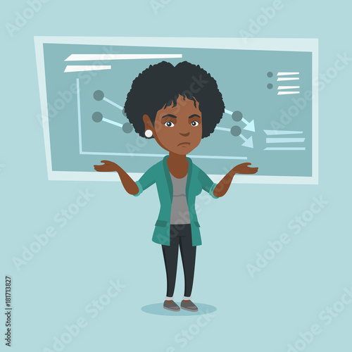Stressed african insolvent standing on the background of decreasing chart. Young depressed insolvent with spread arms. Concept of business insolvency. Vector cartoon illustration. Square layout.