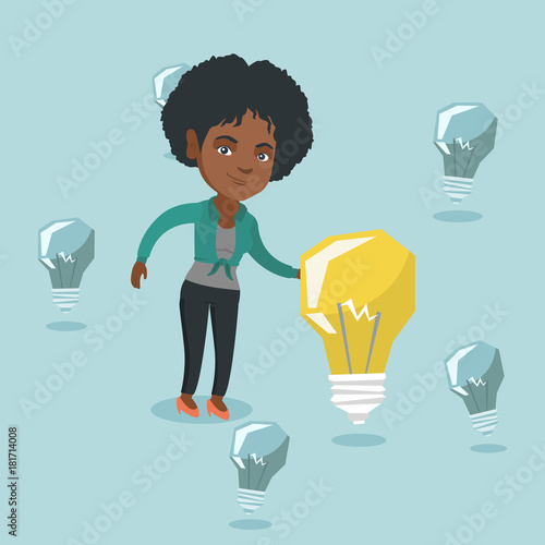 Young african business woman standing among unlit idea light bulbs and touching the brightest idea bulb. Concept of creative successful business idea. Vector cartoon illustration. Square layout.