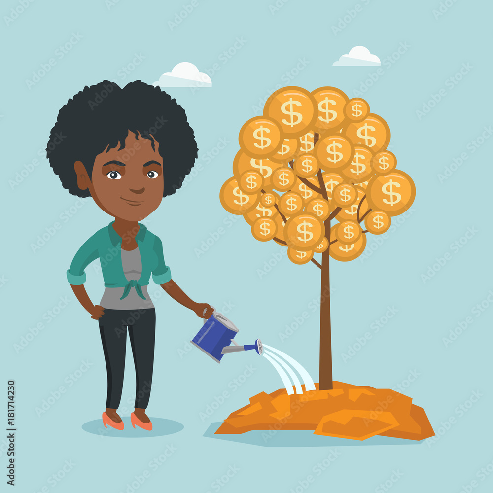 Young african-american business woman watering money tree with 
