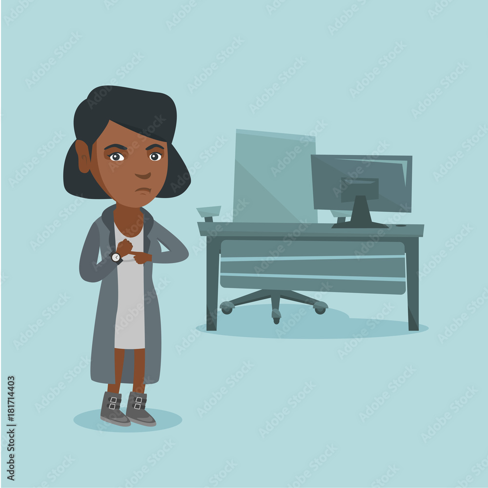 Young angry african-american employer pointing at time on wrist watch. Employer checking the time of coming to work her employees. Concept of late to work. Vector cartoon illustration. Square layout.