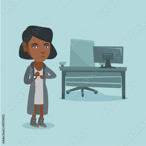 Young angry african-american employer pointing at time on wrist watch. Employer checking the time of coming to work her employees. Concept of late to work. Vector cartoon illustration. Square layout.
