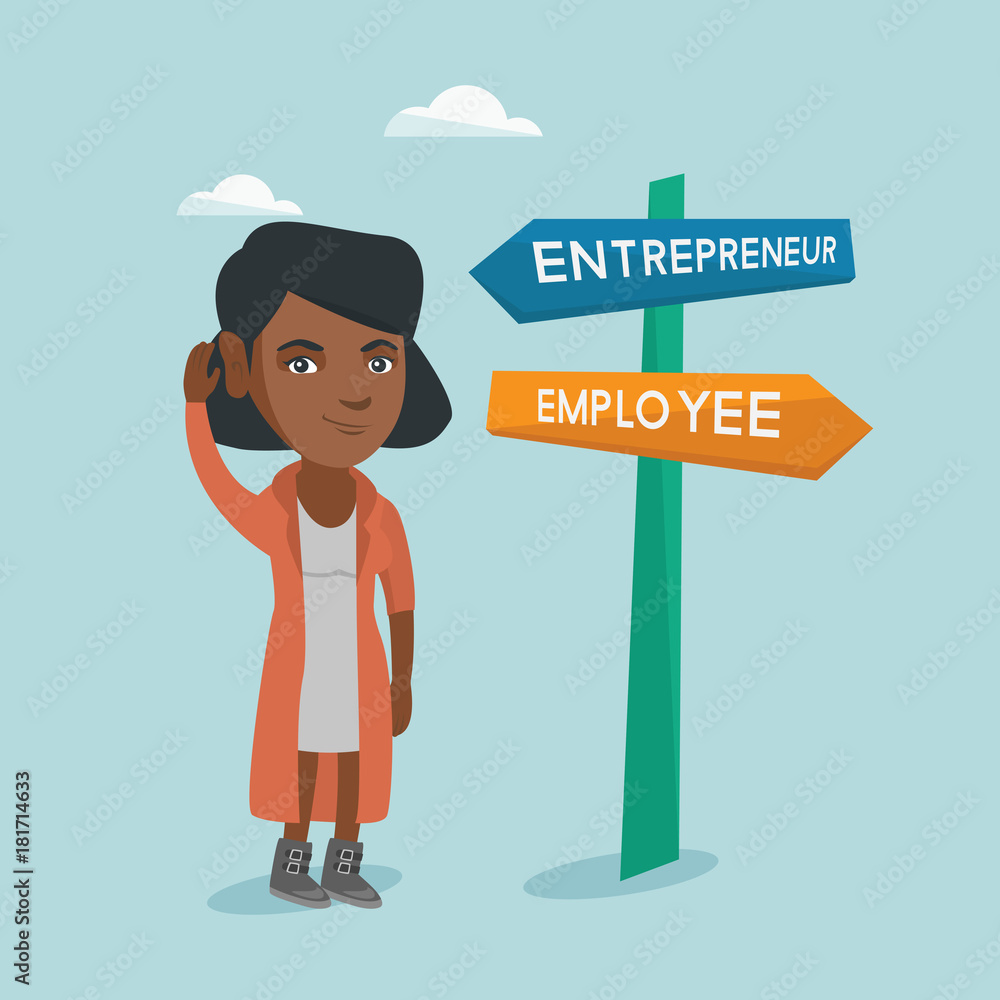 Young woman standing near the road sign with two career pathways - entrepreneur and employee and choosing career way Young woman standing near the road sign with two career pathways - entrepreneur and employee and choosing career way