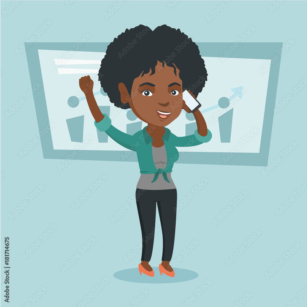 African successful business woman talking on the mobile phone. Successful  business woman standing with raised hands on the background of increasing  chart. Vector cartoon illustration. Square layout. Stock Vector | Adobe  Stock