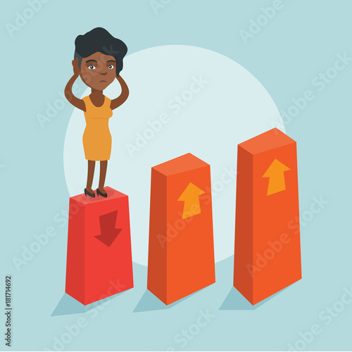 African-american frightened bankrupt clutching head. Young scared bankrupt standing on the chart going down. Concept of business bankruptcy and insolvency. Vector cartoon illustration. Square layout.