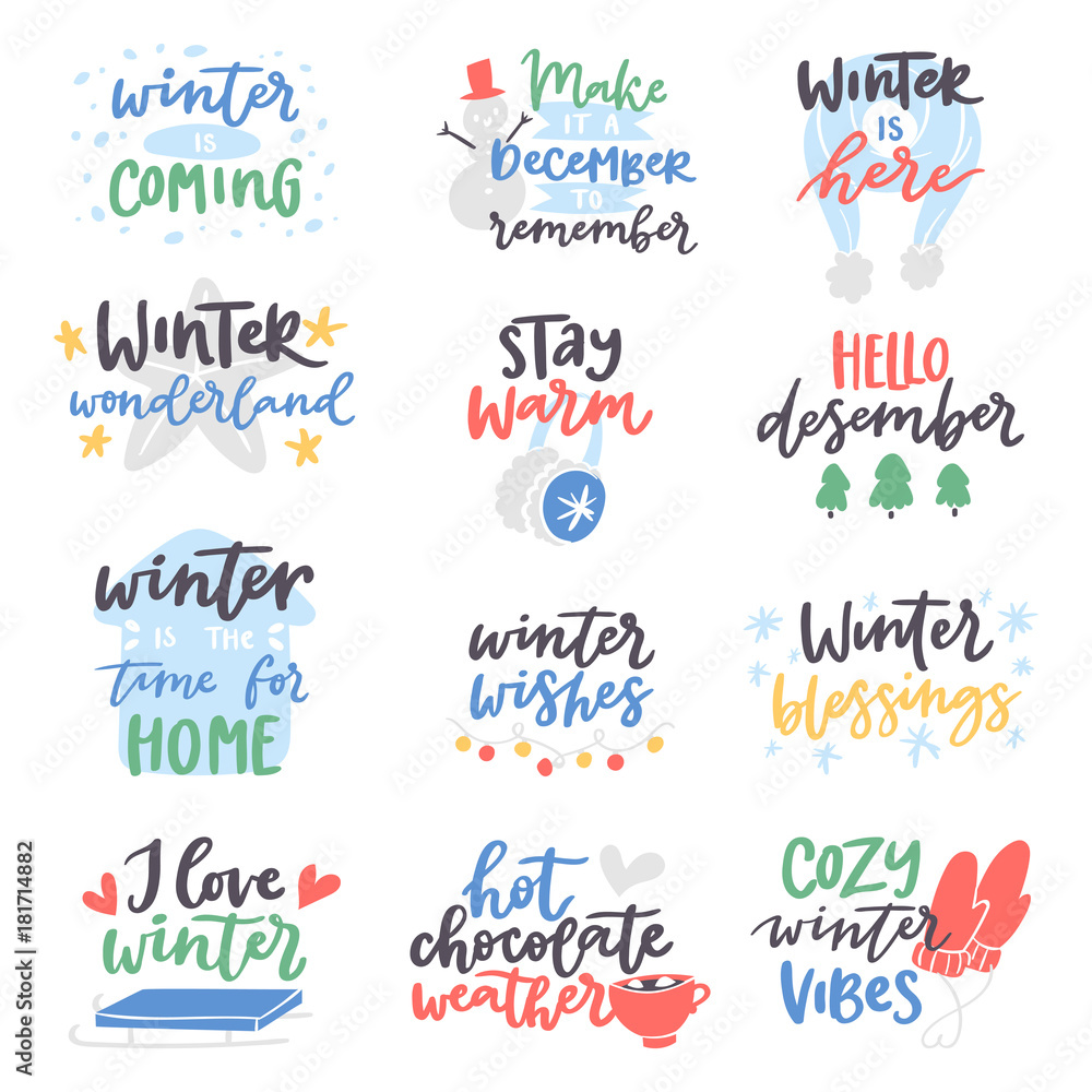 Winter quote vector card text design logo lettering typography saying Hello Christmas poster holiday quotation decoration wintertime illustration Winter quote vector card text design logo lettering typography saying Hello Christmas poster holiday quotation decoration wintertime illustration