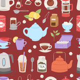 Tea time drinking procedure icons how to prepare hot drink instruction traditional teapot kettle cooking vector illustration seamless pattern background