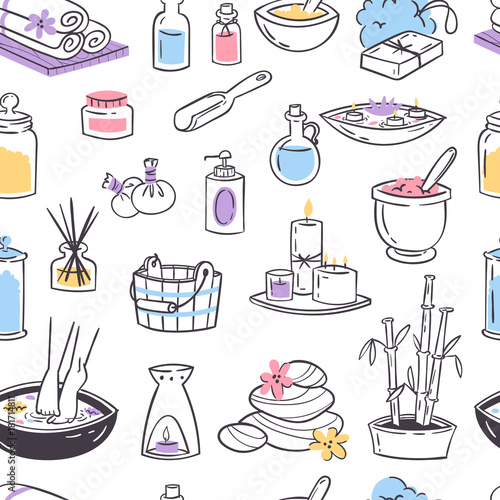 Spa massage vector icons therapy cosmetic treatments beauty massage relaxation herbal hand drawn natural spa aroma therapy health care seamless pattern background