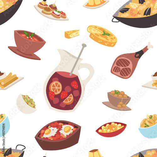Spain cuisine vector food cookery traditional dish recipe spanish snack tapas crusty bread food gastronomy illustration seamless pattern background