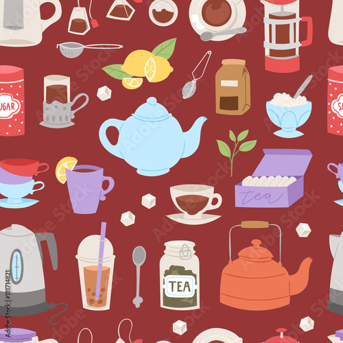 Tea time drinking procedure icons how to prepare hot drink instruction traditional teapot kettle cooking vector illustration seamless pattern background