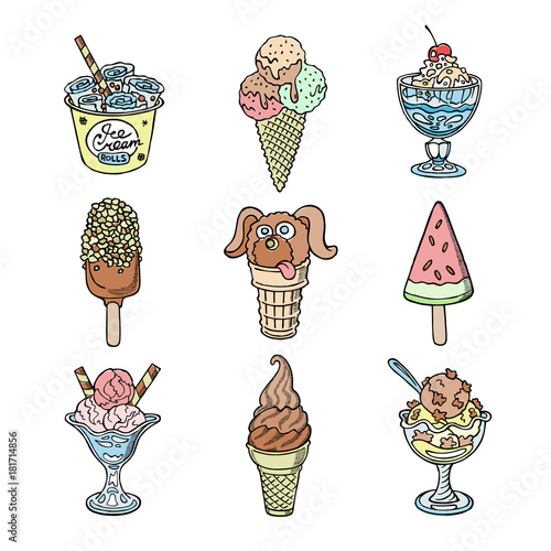 Vector ice cream dessert sweet food sketch handdrawn illustration set summer icecream vanilla isolated on white creamy cone and glass bowl flavor icons