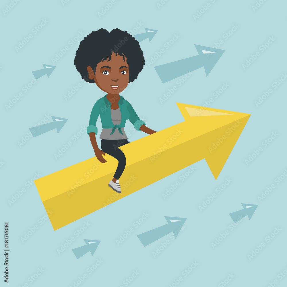 Young african business woman sitting on arrow going to success. Successful  business woman flying up on arrow. Concept of moving forward to business  success. Vector cartoon illustration. Square layout. Stock Vector |