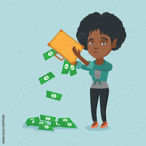 Depressed african penniless woman shaking out money from her briefcase. Despaired penniless woman emptying her briefcase. Bankruptcy and poverty concept. Vector cartoon illustration. Square layout.