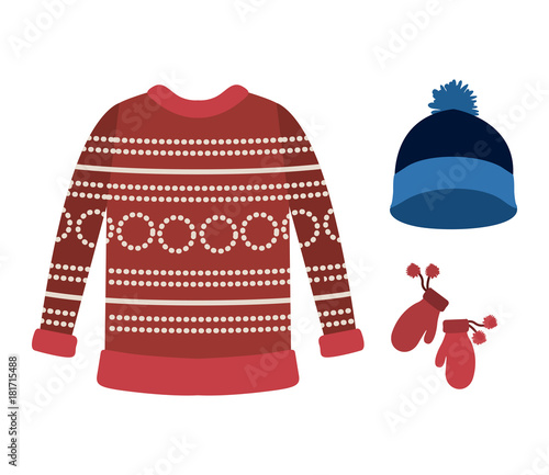 winter clothes with red wool sweater and blue wool cap and wool gloves over white background