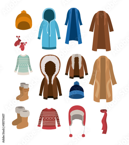 winter clothes set with coats sweaters wool cap boots scarf jackets and gloves over white background