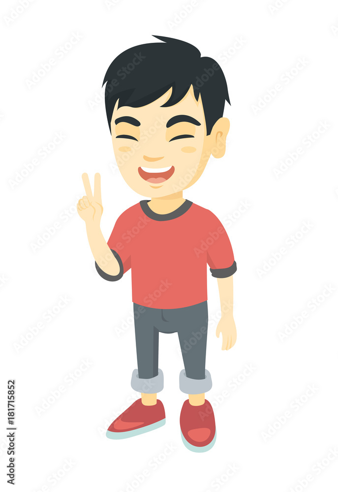 Asian boy showing victory gesture. Full length of little boy showing victory sign with two fingers. Vector sketch cartoon illustration isolated on white background. Asian boy showing victory gesture. Full length of little boy showing victory sign with two fingers. Vector sketch cartoon illustration isolated on white background.
