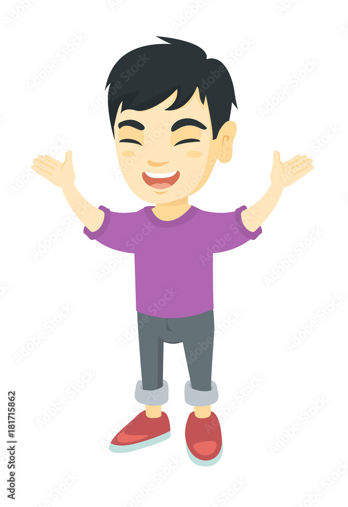 Cheerful asian boy standing with hands raised in the air. Full length of happy boy raising his hands and celebrating success. Vector sketch cartoon illustration isolated on white background. Cheerful asian boy standing with hands raised in the air. Full length of happy boy raising his hands and celebrating success. Vector sketch cartoon illustration isolated on white background.