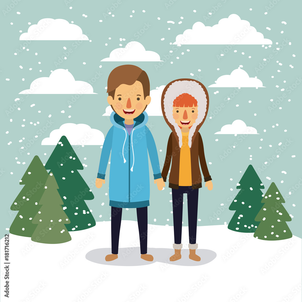 Fototapeta premium winter people background with couple in colorful landscape with pine trees and snow falling and him with coat and her with hooded coat