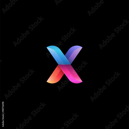 Initial lowercase letter x, curve rounded logo, gradient vibrant colorful glossy colors on black background