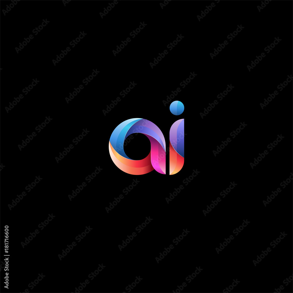 Initial lowercase letter ai, curve rounded logo, gradient vibrant colorful glossy colors on black background - obrazy, fototapety, plakaty 