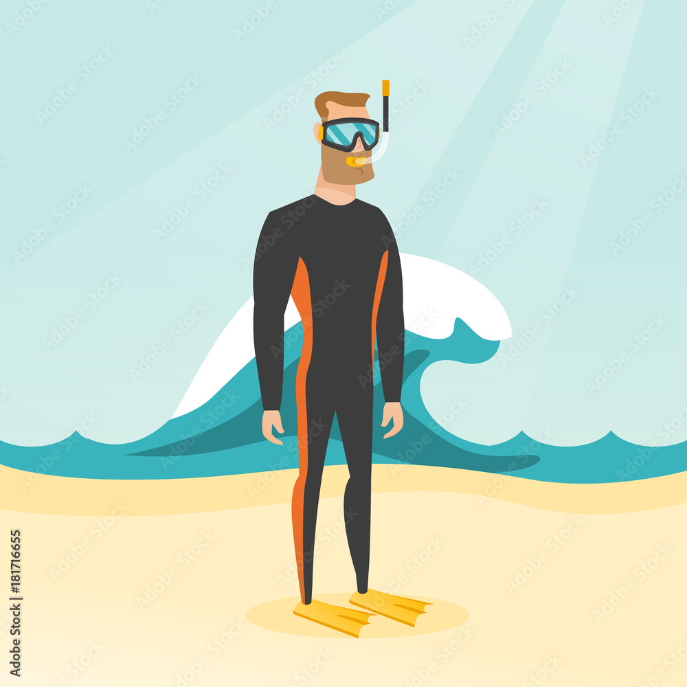 Young caucasian white scuba diver in diving suit, flippers, mask and tube standing on the background of a big wave. Full length of scuba diver on the beach. Vector cartoon illustration. Square layout.