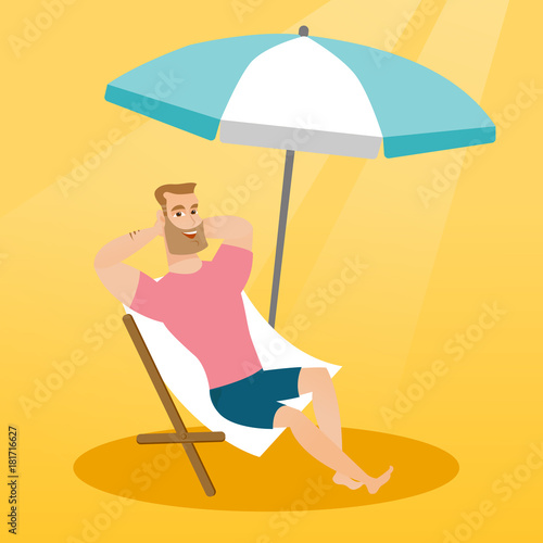 Young caucasian white man sitting on the chaise-longue under beach umbrella. Happy man resting on the chaise-longue with folded arms behind his head. Vector cartoon illustration. Square layout.