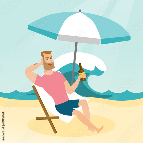 Young caucasian white man sitting on a chaise-longue on the beach. Happy smiling man relaxing on a chaise-longue and drinking beer. Vector cartoon illustration. Square layout.