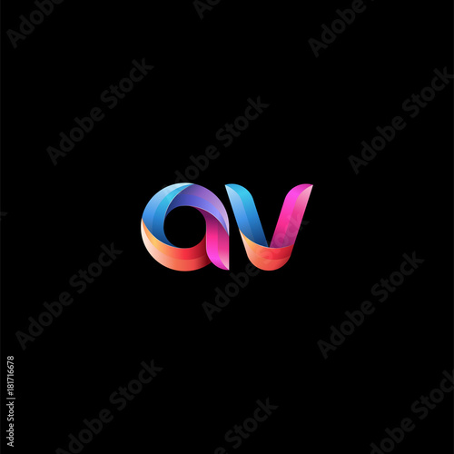 Initial lowercase letter av, curve rounded logo, gradient vibrant colorful glossy colors on black background