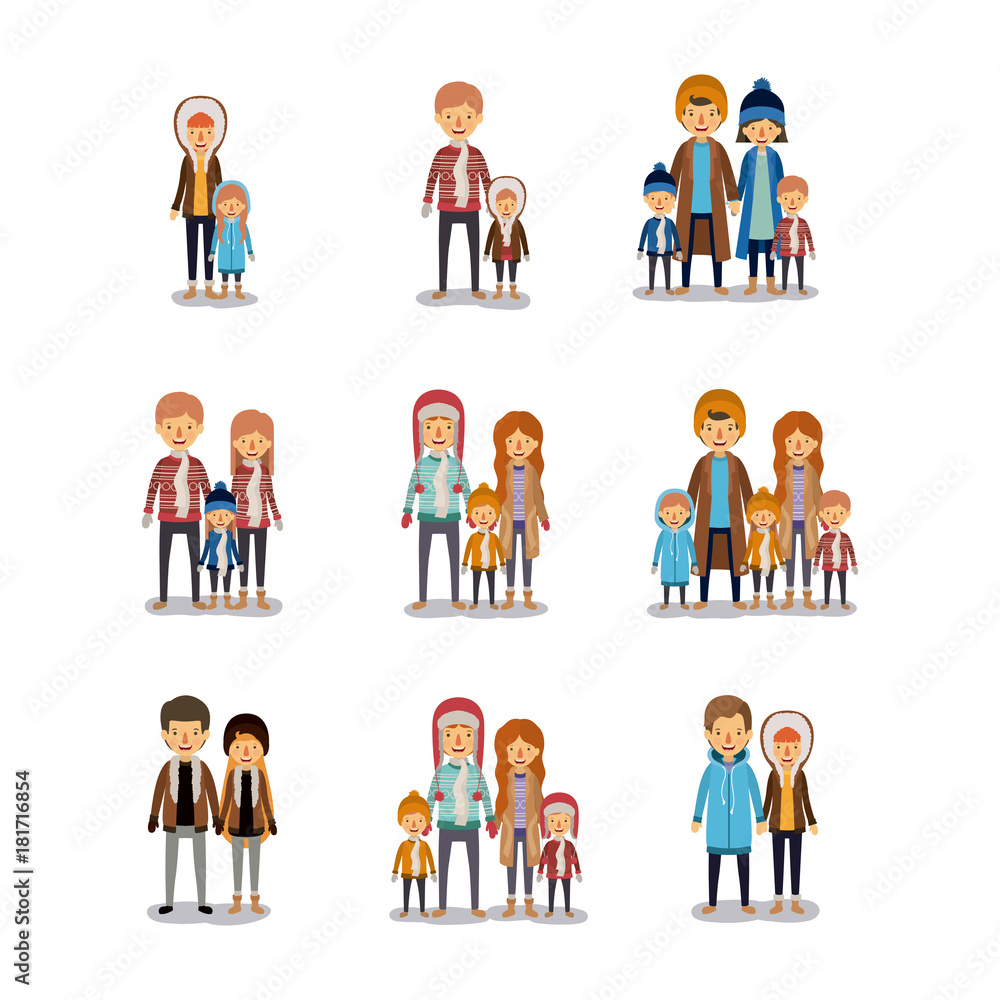 winter people colorful background with set of family couples and friends in winter clothes over white backdrop winter people colorful background with set of family couples and friends in winter clothes over white backdrop