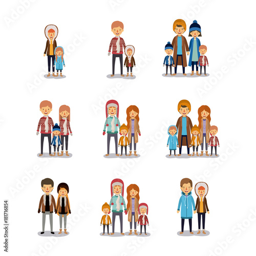 winter people colorful background with set of family couples and friends in winter clothes over white backdrop