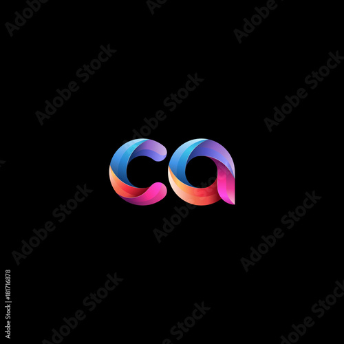 Initial lowercase letter ca, curve rounded logo, gradient vibrant colorful glossy colors on black background