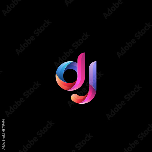 Initial lowercase letter dj, curve rounded logo, gradient vibrant colorful glossy colors on black background