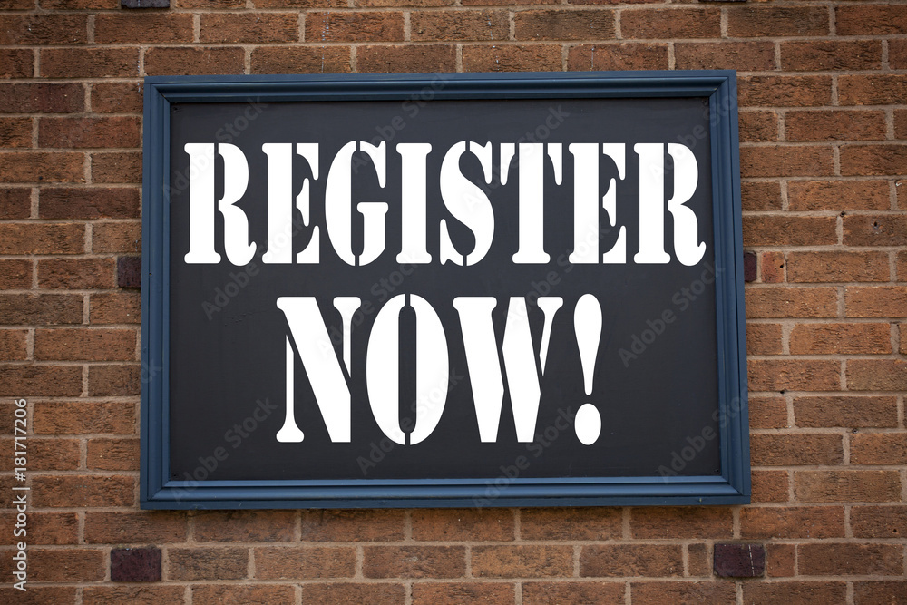 Conceptual hand writing text caption inspiration showing announcement Register Now. Business concept for Internet Registration Subscribe written on frame old brick background with copy space Conceptual hand writing text caption inspiration showing announcement Register Now. Business concept for Internet Registration Subscribe written on frame old brick background with copy space