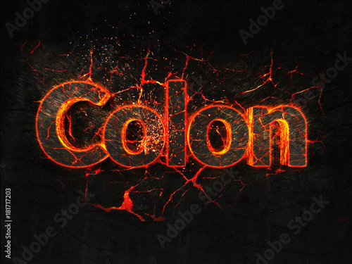 Colon Fire text flame burning hot lava explosion background.