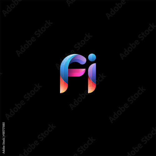 Initial lowercase letter fi, curve rounded logo, gradient vibrant colorful glossy colors on black background