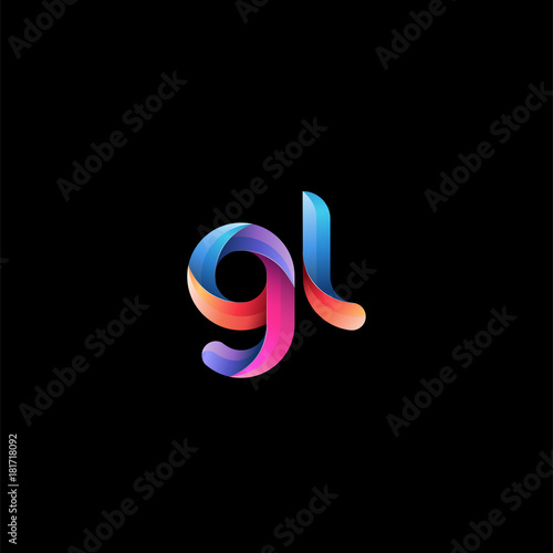 Initial lowercase letter gl, curve rounded logo, gradient vibrant colorful glossy colors on black background