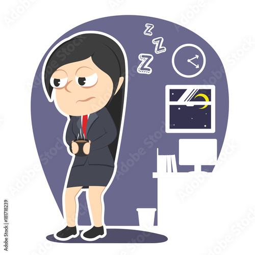 Sleepy businesswoman holding cup of coffee– stock illustration