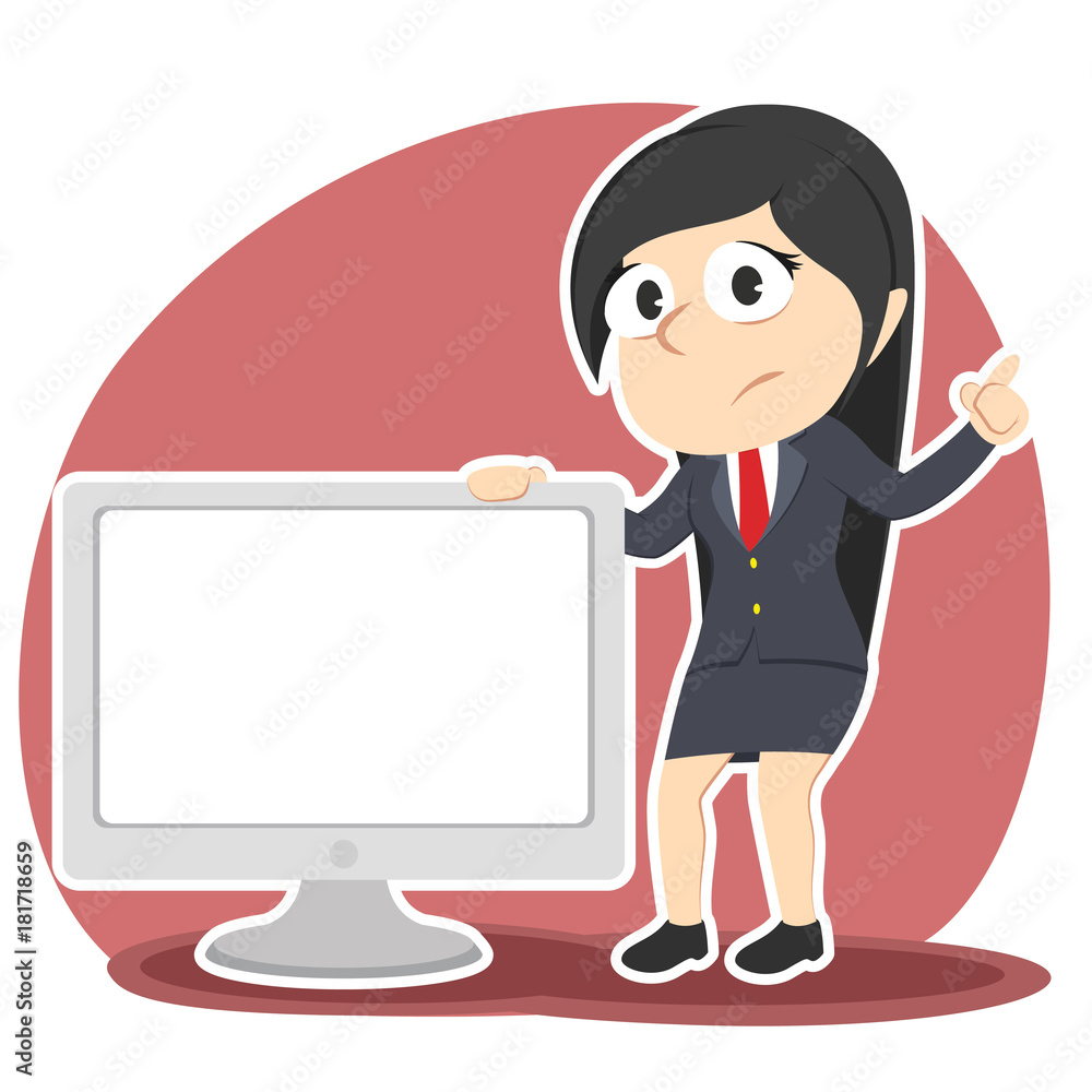 Sad businesswoman presenting big blank monitor– stock illustration