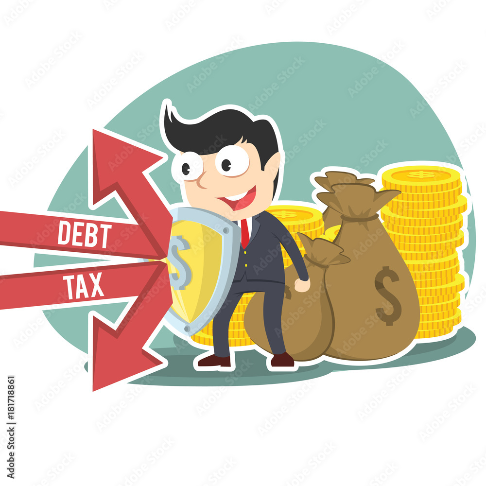 Businessman protecting his money form debt and tax– stock illustration