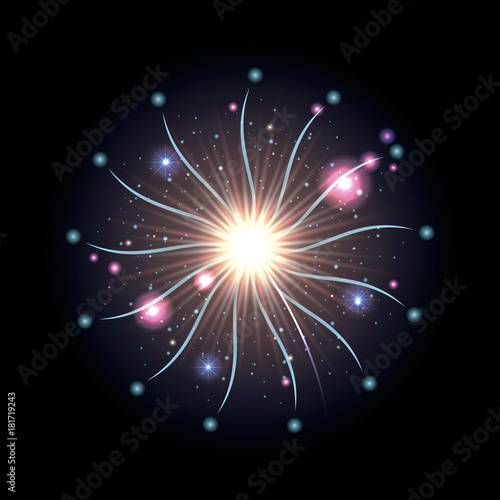 fireworks bursting in glowing white and blue flashes on black background