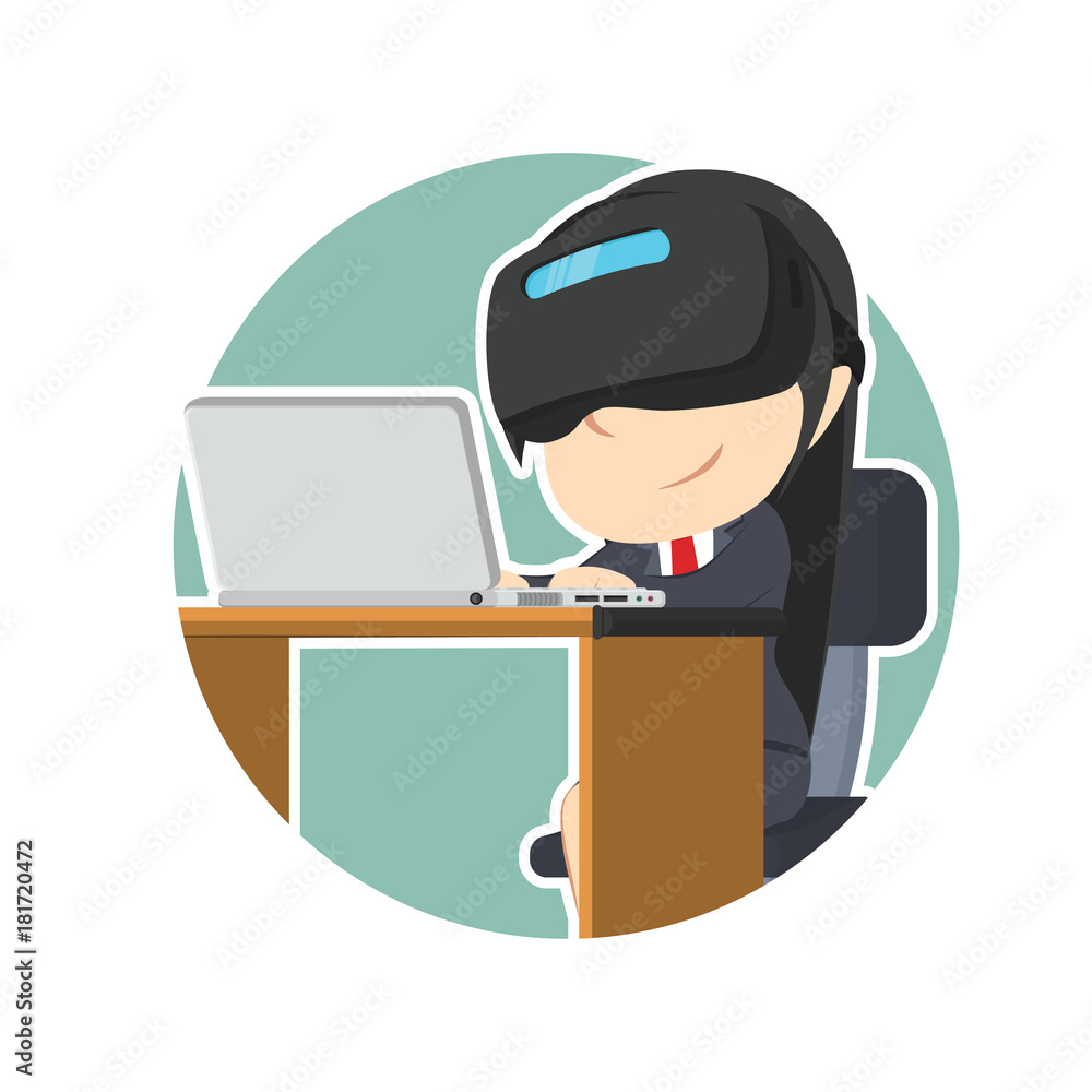  businesswoman with vr headset using laptop in circle