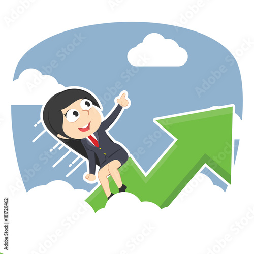 Businesswoman riding graph through clouds– stock illustration