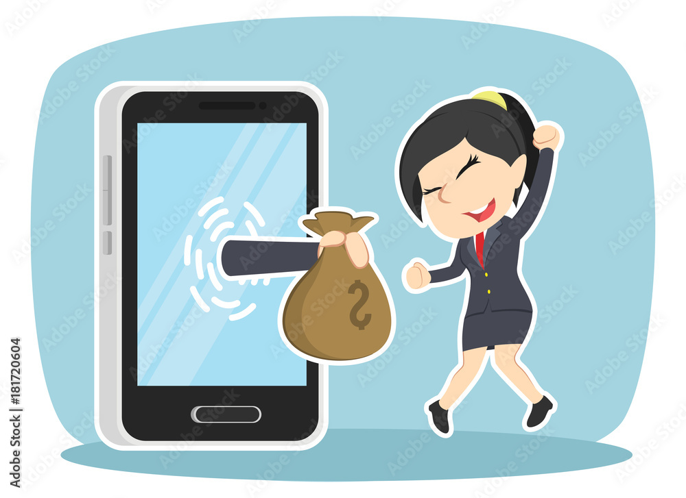 Businesswoman happy got money from smartphone– stock illustration