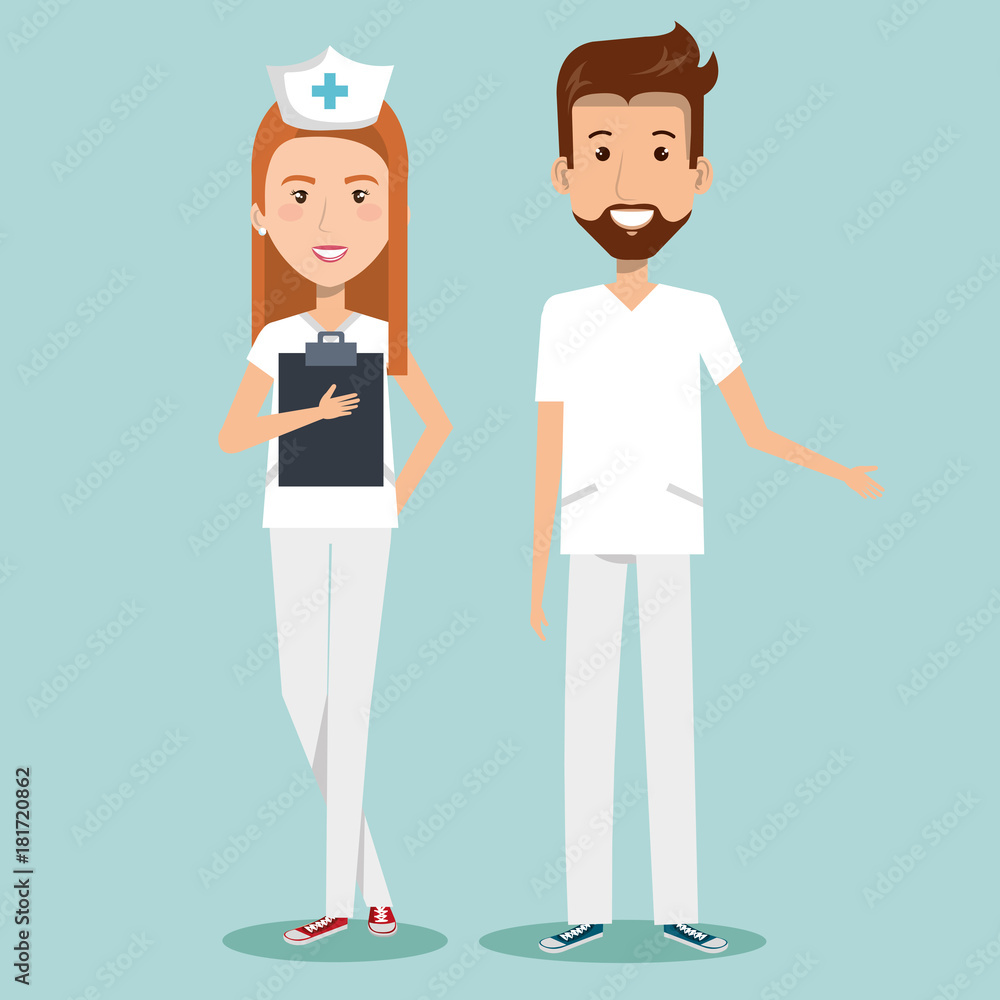 Obraz premium Man and woman nurses over blue background vector illustration
