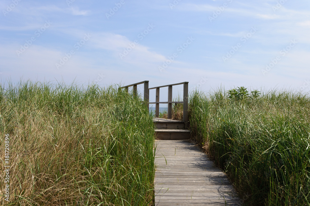 Fototapeta premium A vacation at the beach complete with sand dunes and a boardwalk