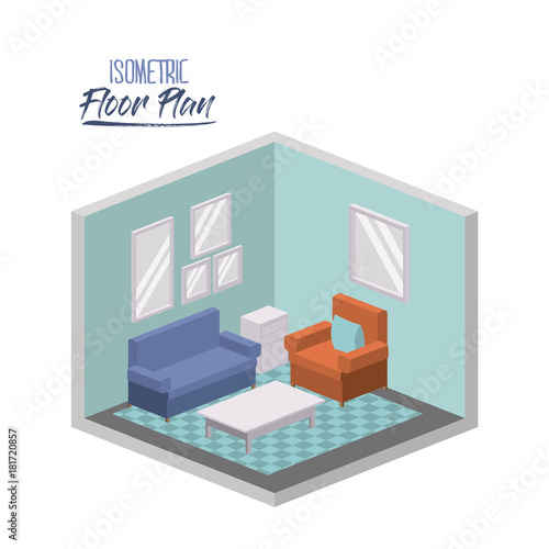isometric floor plan of living room interior colorful silhouette