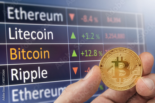 Bitcoin exchange financial chart with man holding bitcoin.  Crypto exchange ticker and rise fall chart.