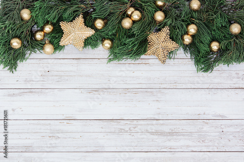 Christmas decoration on the white wooden vintage background.  New year greeting card template. Holiday mock up. Scandinavian style.