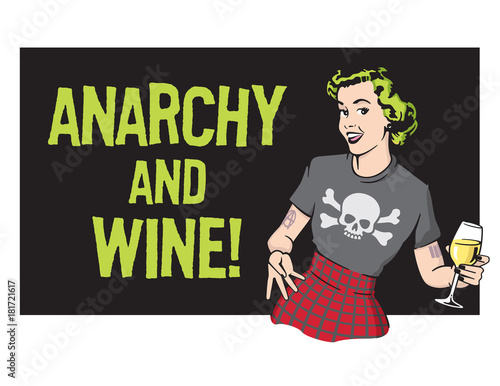 Anarchy and Wine Punk Rock Housewife Vector Design
Retro housewife illustration wearing punk rock clothes and drinking wine.