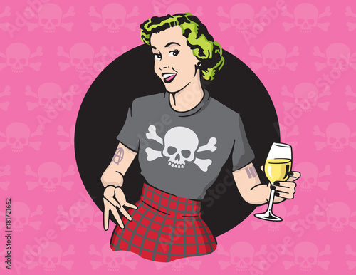 Retro Style Punk Rock Housewife Vector Design
Retro housewife illustration wearing punk rock clothes and drinking wine on skull and cross bones background.
