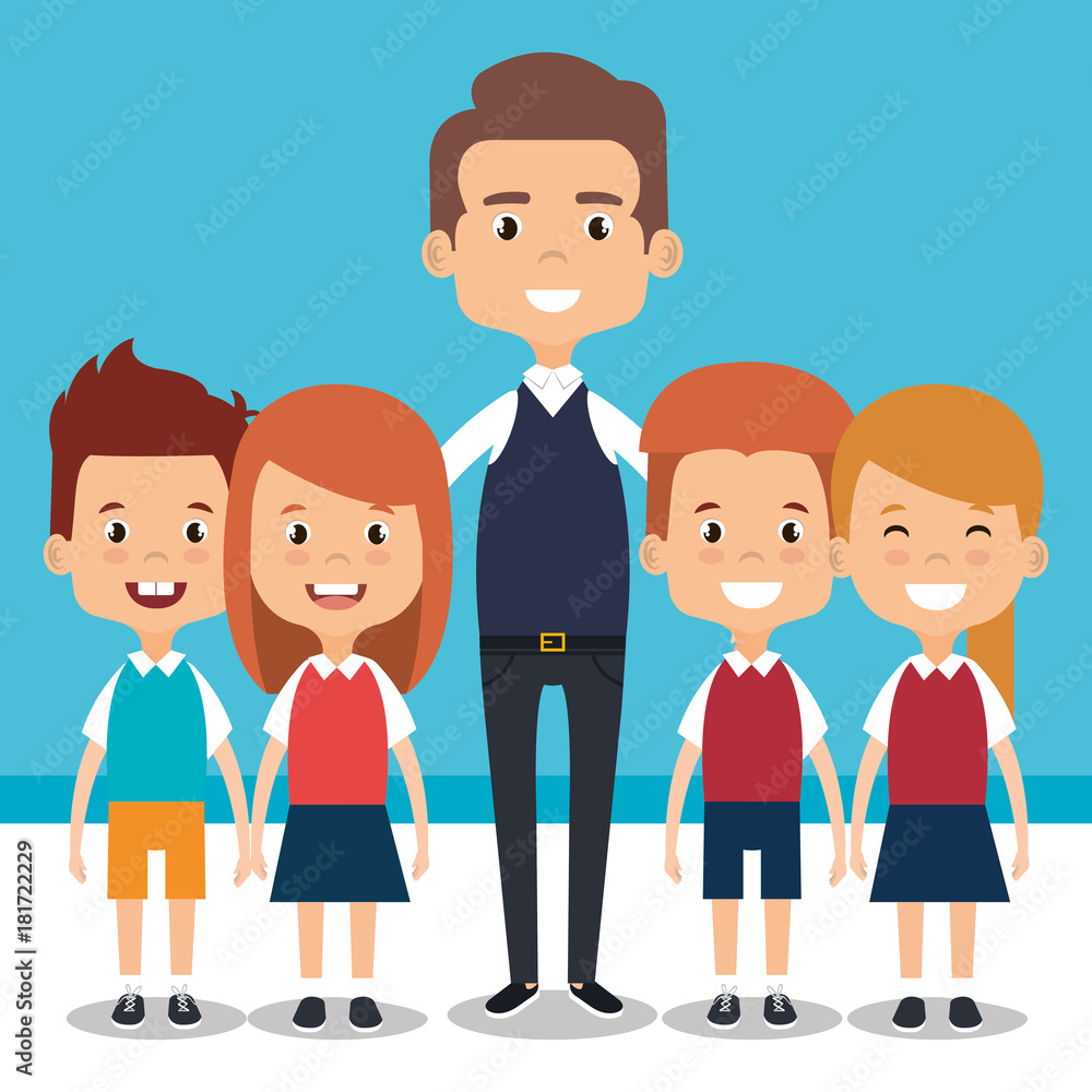 teacher school with children avatar character vector illustration design